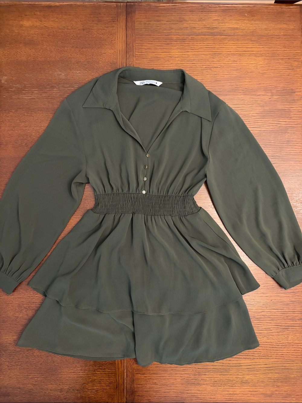 Zara Olive Green Long-Sleeve Tiered Waist Dress